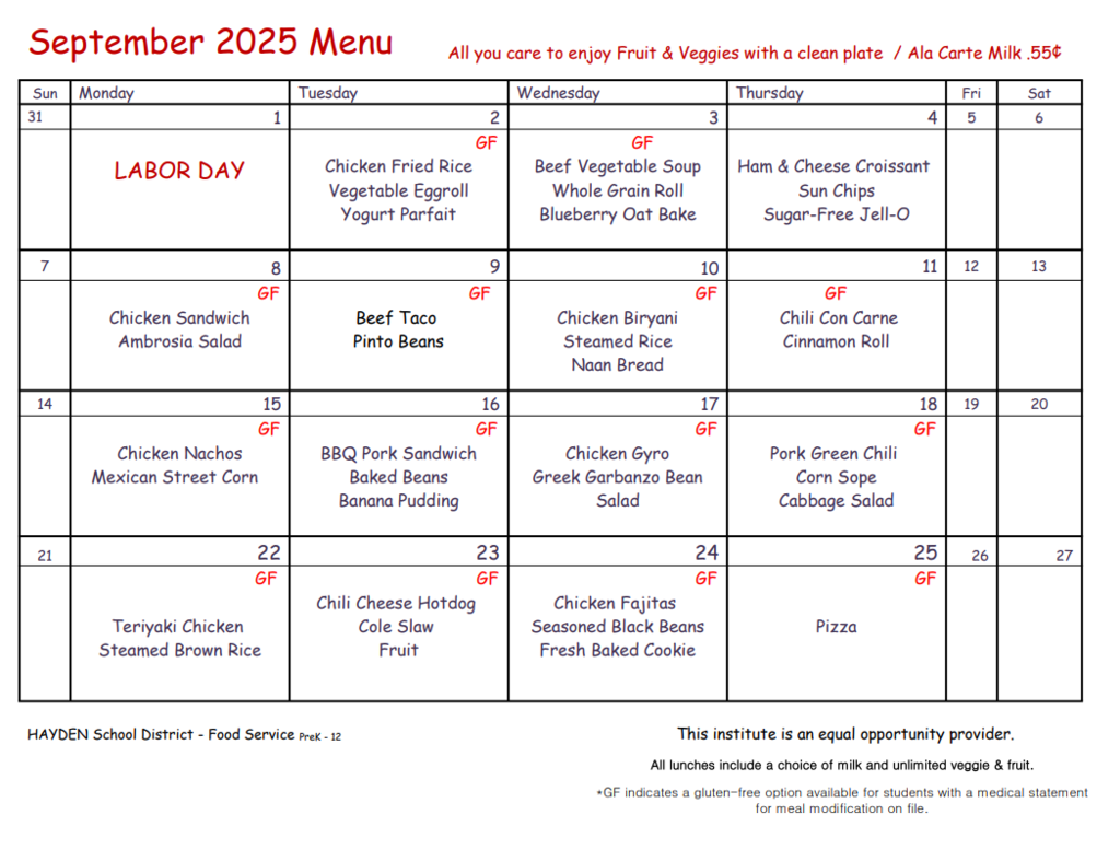 September Lunch Menu