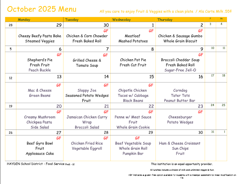 October 25 Lunch Menu
