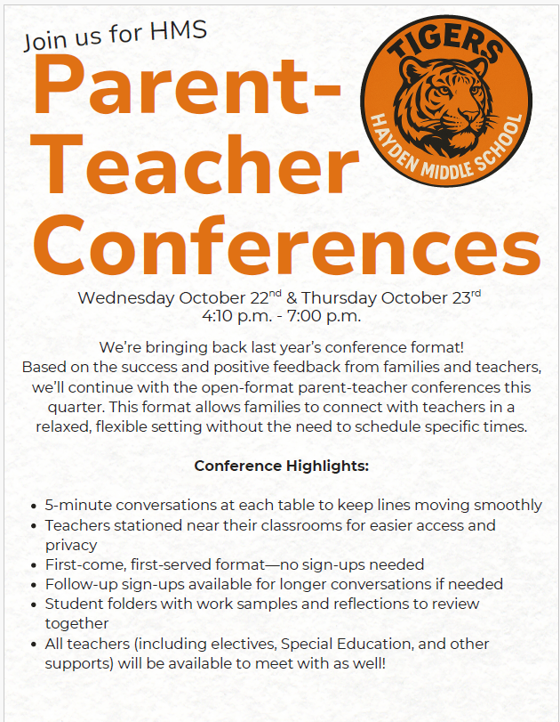 Middle School Parent Teacher Conferences 10/22 & 10/23 4:10pm - 7:00pm