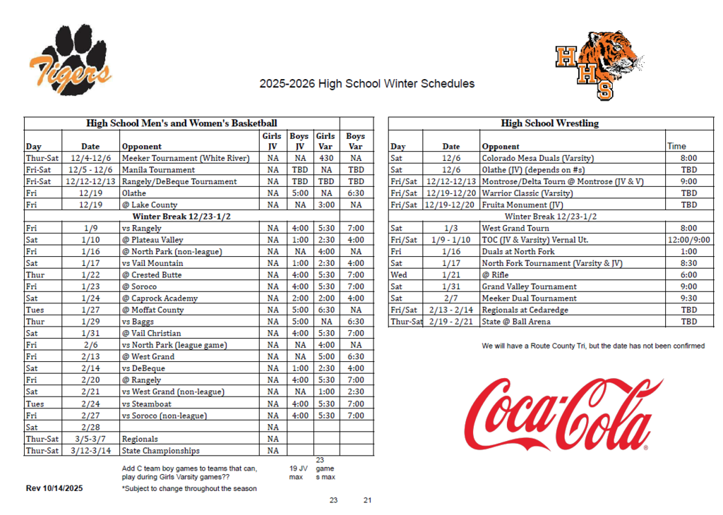 25/26 HS Winter Sports Schedule