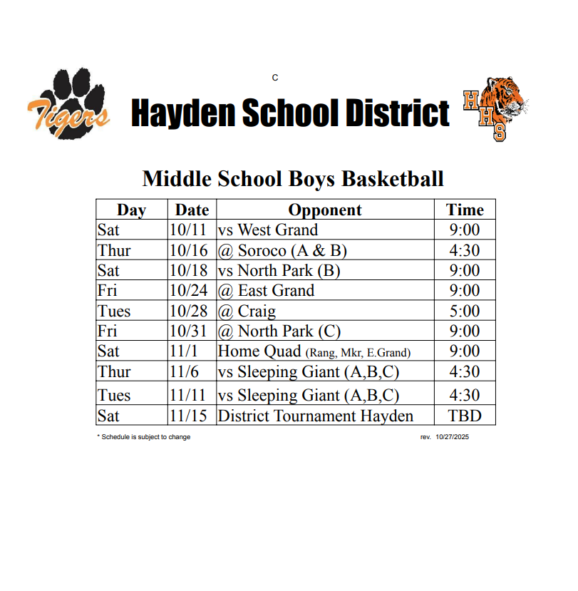 Updated MS Boys Basketball Schedule