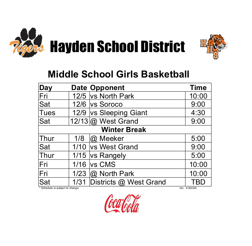 Middle School Girls BB Schedule