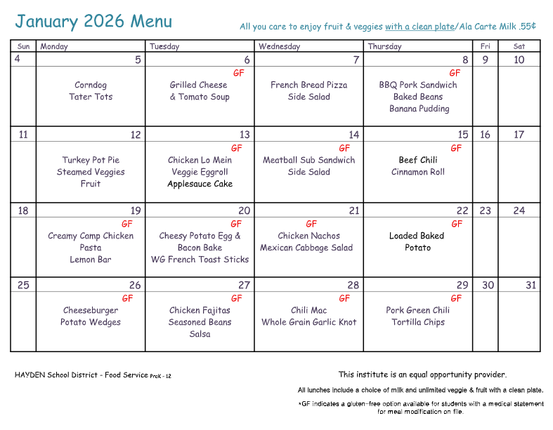 January Lunch Menu