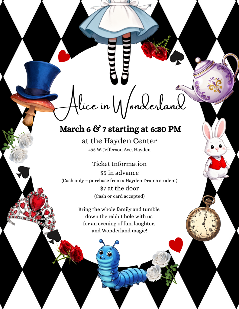 Alice in Wonderland Drama Club Flyer for March 6 & 7