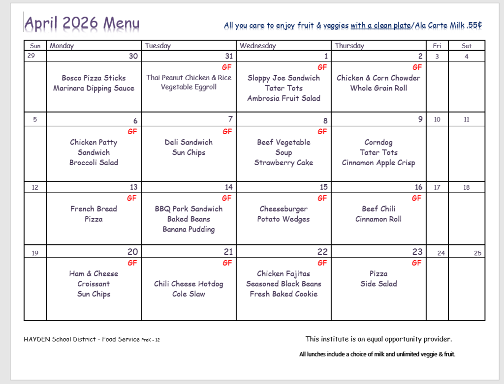April 2026 Lunch Menu