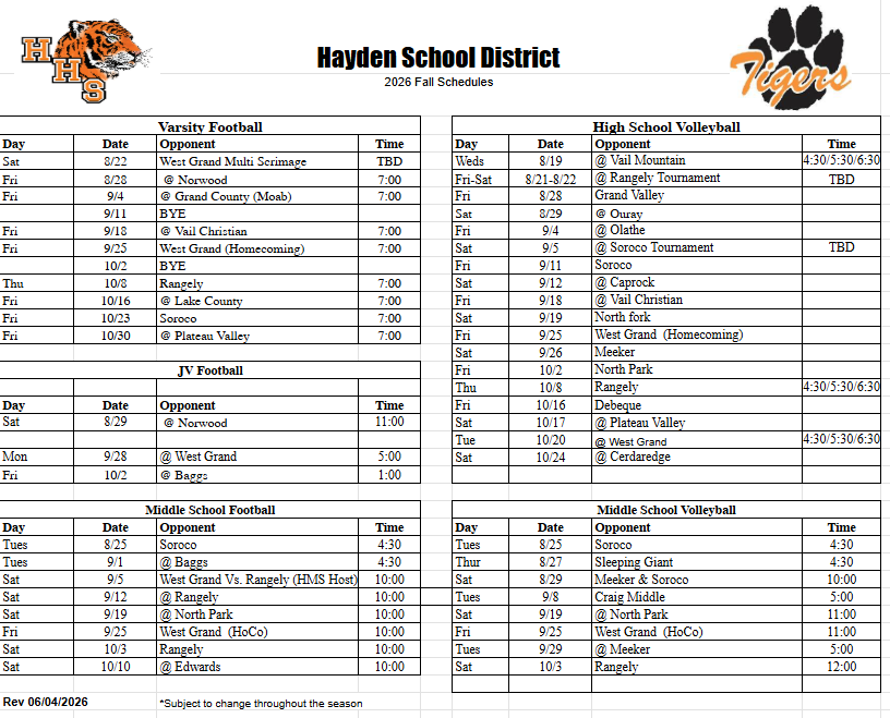 2026/2027 Fall Sports Schedules