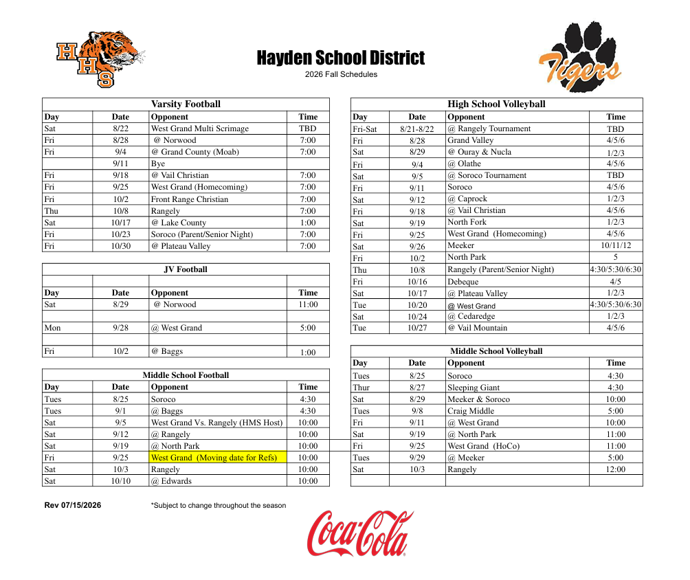 26/27 Fall Schedules