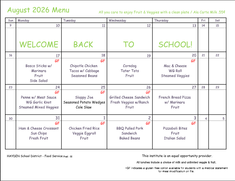 August 2026 Lunch Menu