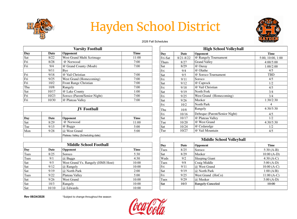 Updated - Fall Sports Schedule
