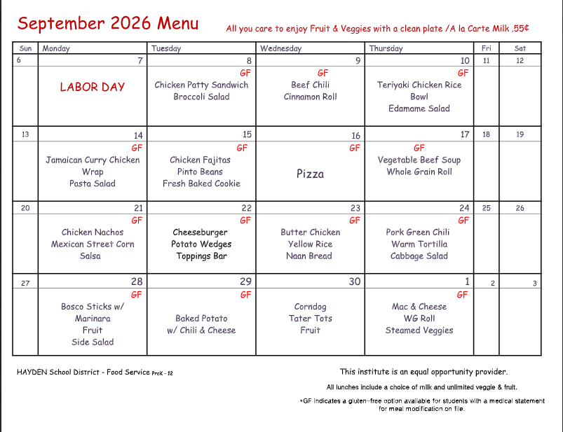 September Lunch Menu