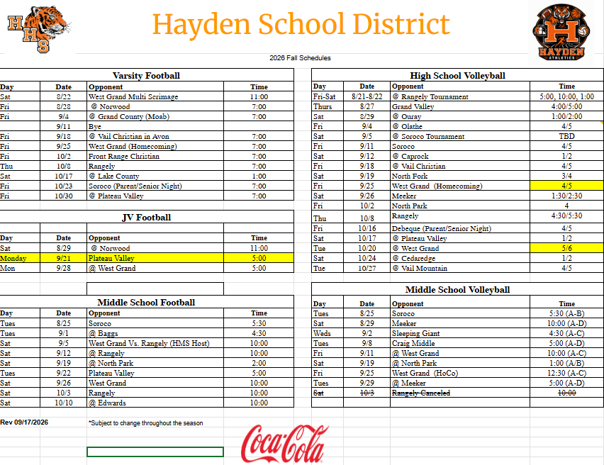2026/2026 Fall Schedule Updated