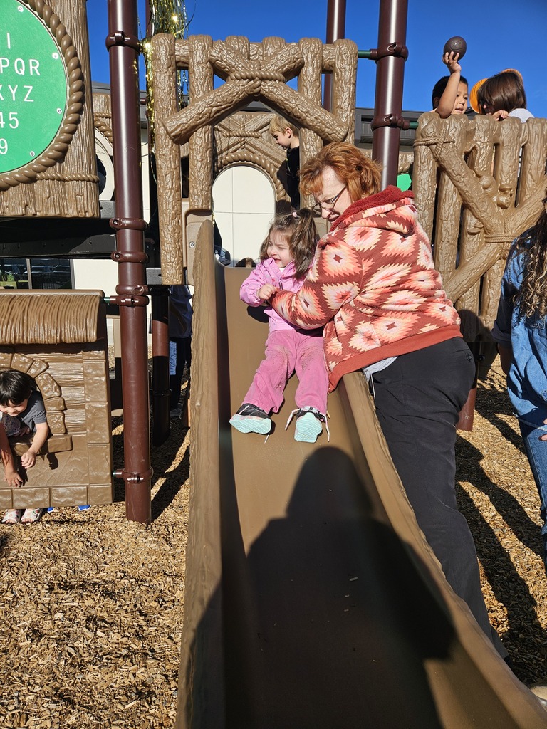Preschool students with teacher going down the slide