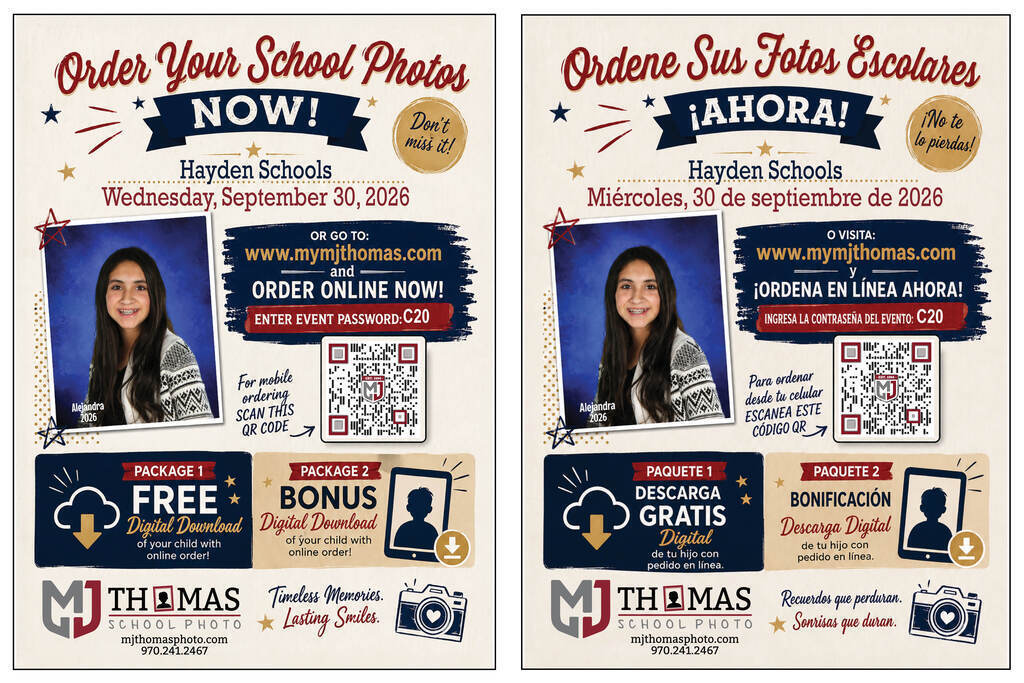 Picture Day is Wednesday, Sept. 30, 2026. Orders can be placed at www.mymjthomas.com. Enter event password C20. 