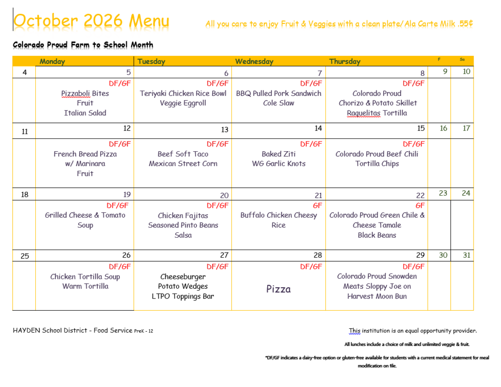 October Lunch Menu - also found on the food department in pdf