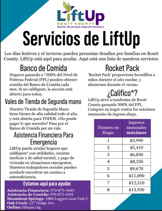 Spanish Lift-Up of Routt County Flyer with information on how to apply phone number for assistance is 970-875-3443