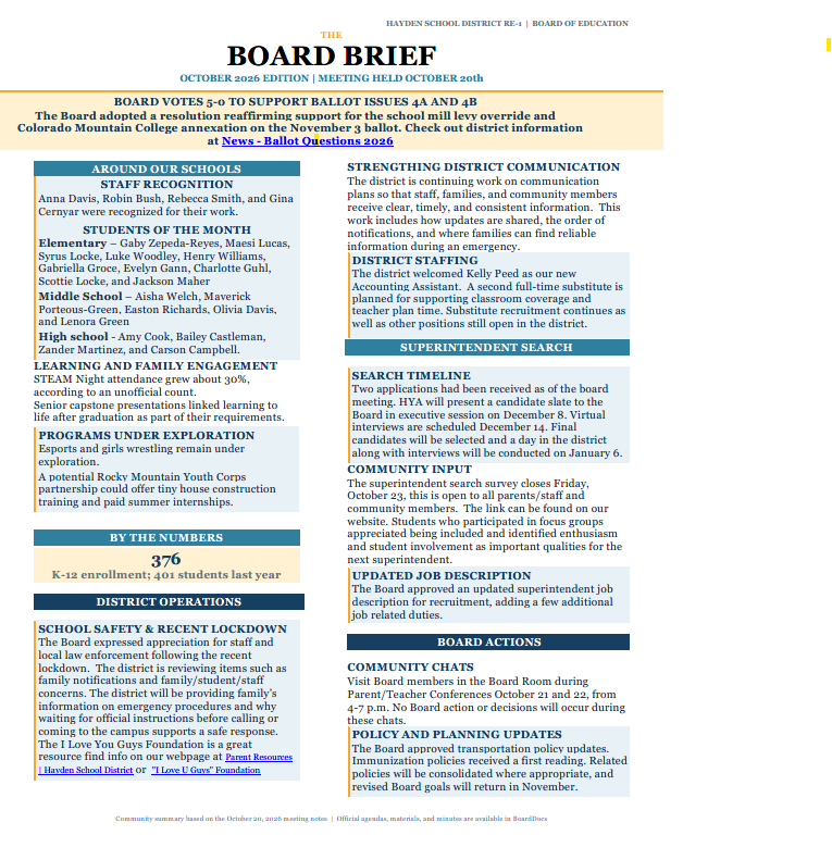 October Board Brief - Available in PDF at www.haydenschools.org under Board of Education page