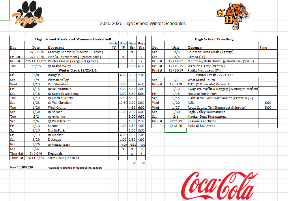 HS Winter Sports Schedule - can also be printed in PDF on the athletics website page