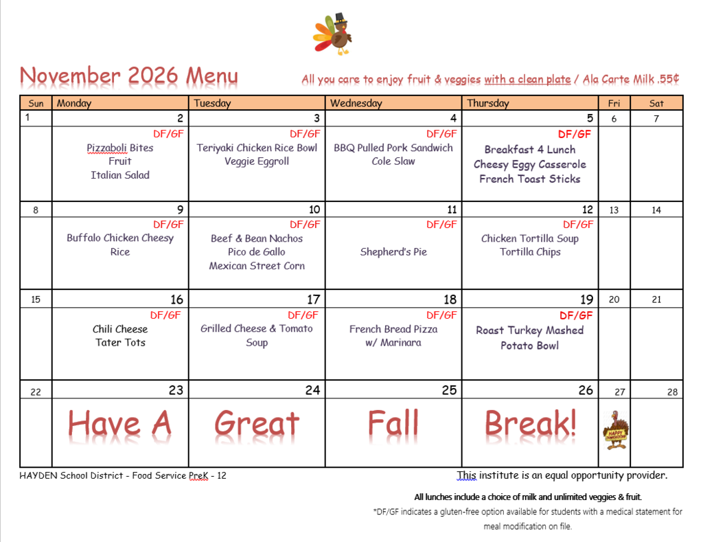 November Lunch Menu - PDF Printable available on the website under Food Service Department