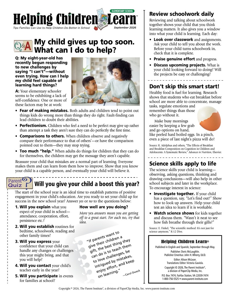 Helping Students Learn Monthly Newsletter Elemementary