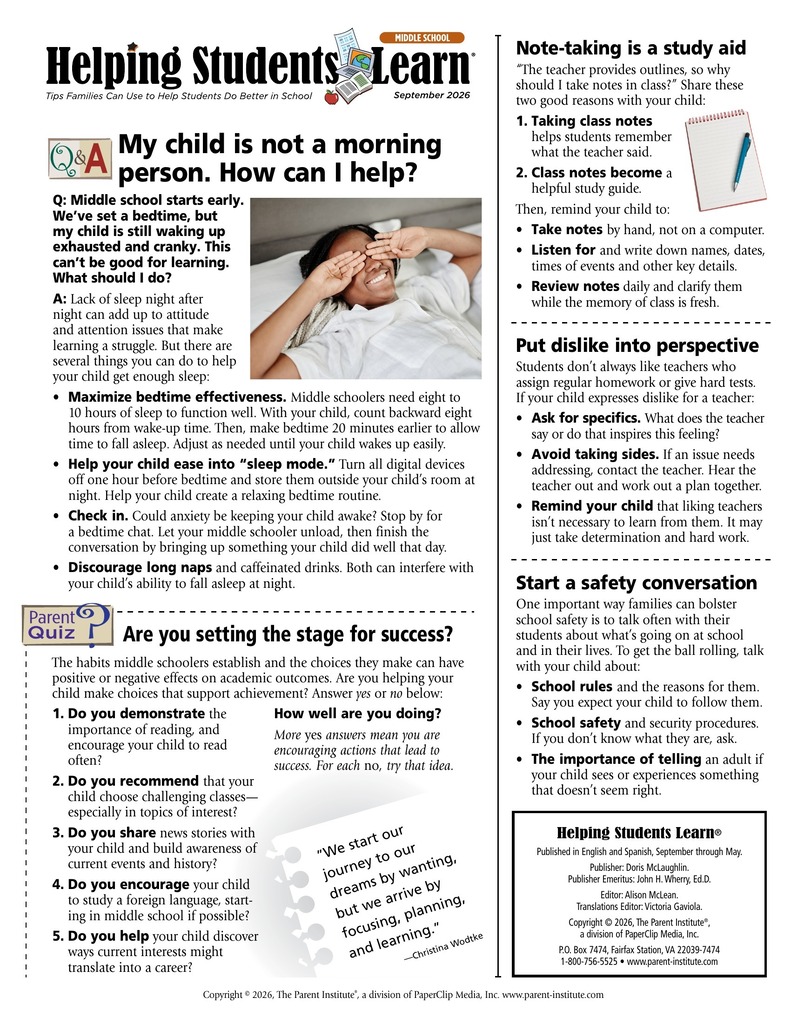 Helping Students Learn Monthly Newsletter Middle School