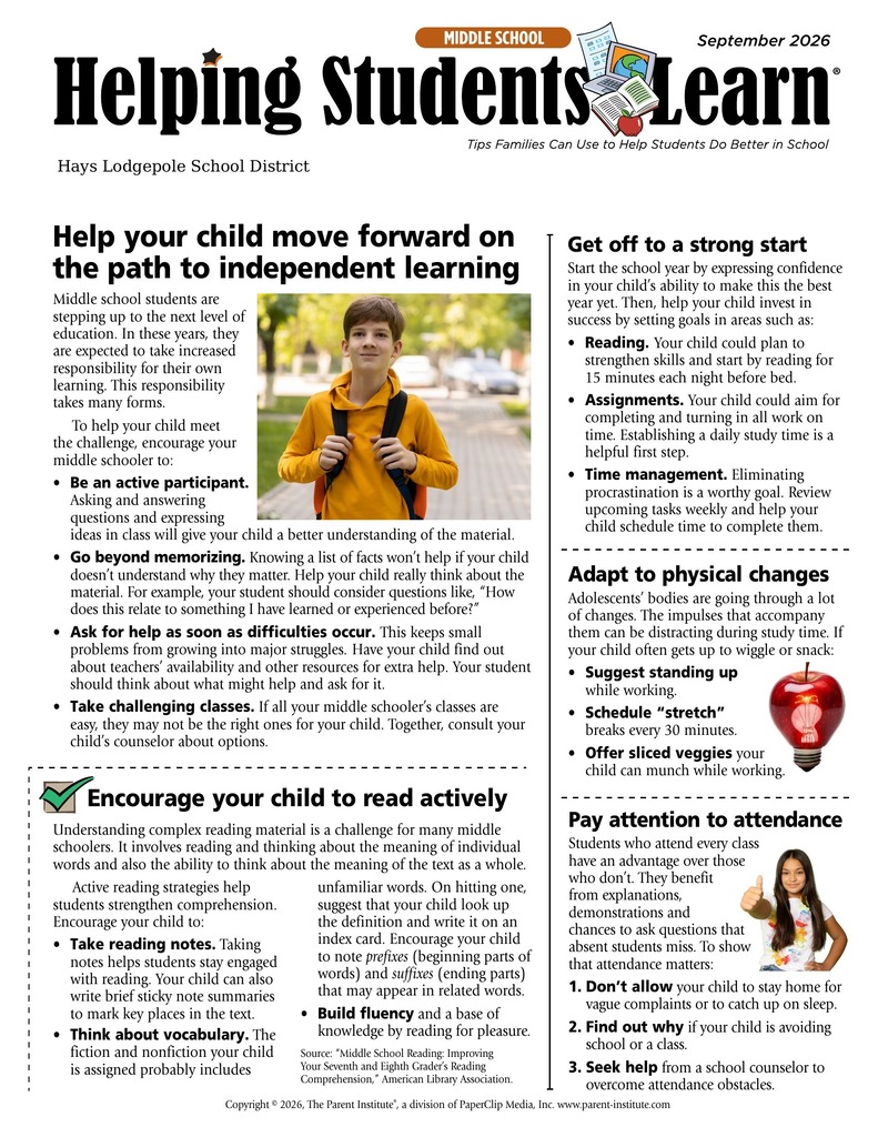 Helping Students Learn Monthly Newsletter Middle School