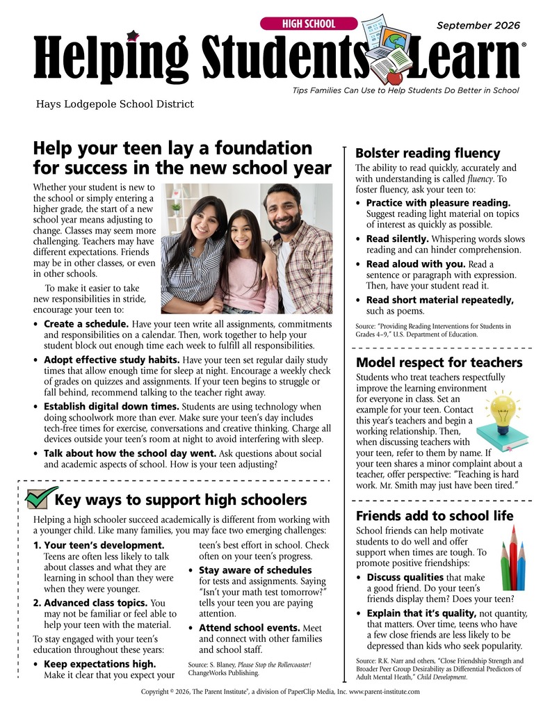 Helping Students Learn Monthly Newsletter High School