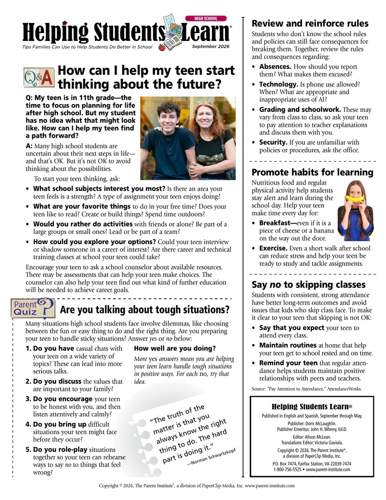Helping Students Learn Monthly Newsletter High School