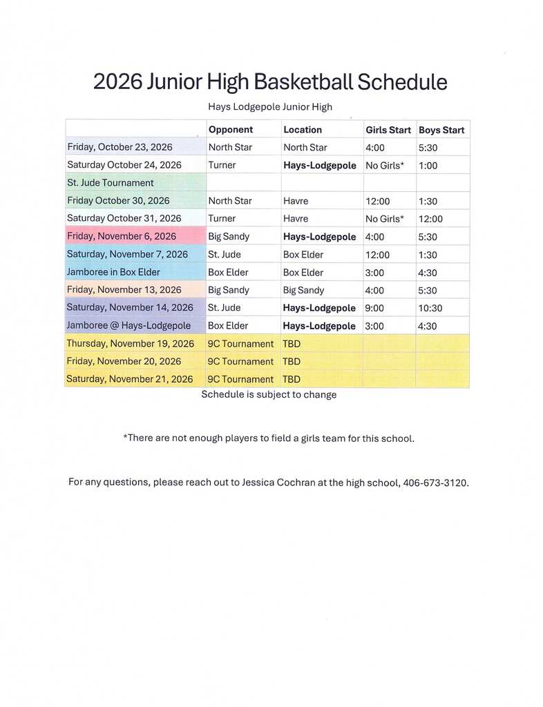 2026 Junior High Basketball Schedule