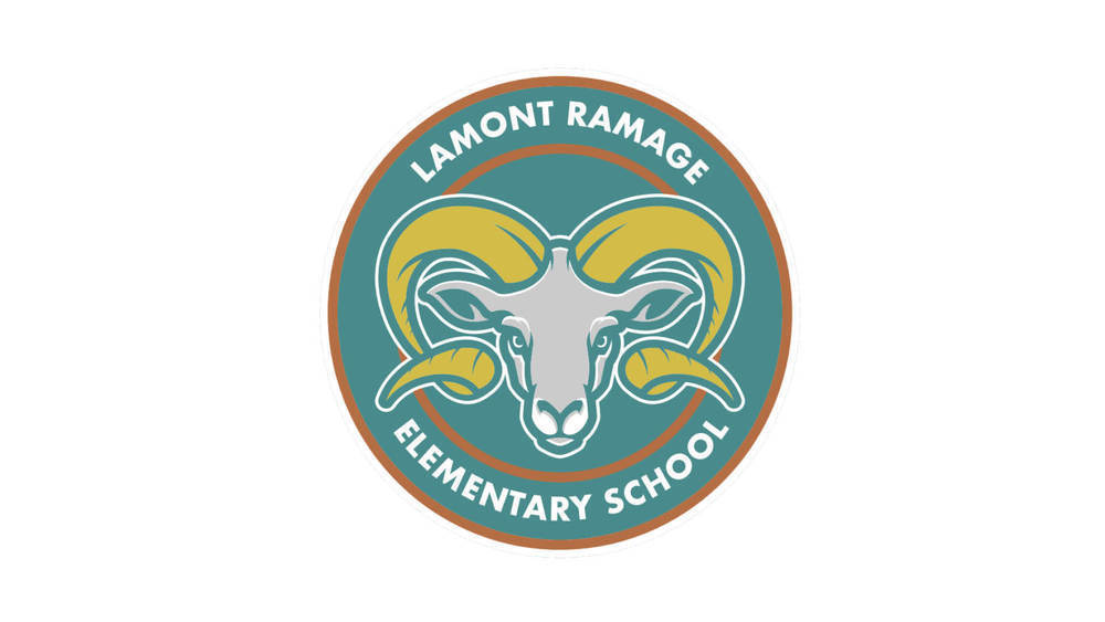 Lamont Ramage Elementary School logo that is the face of a ram on a teal and bronze circular background.