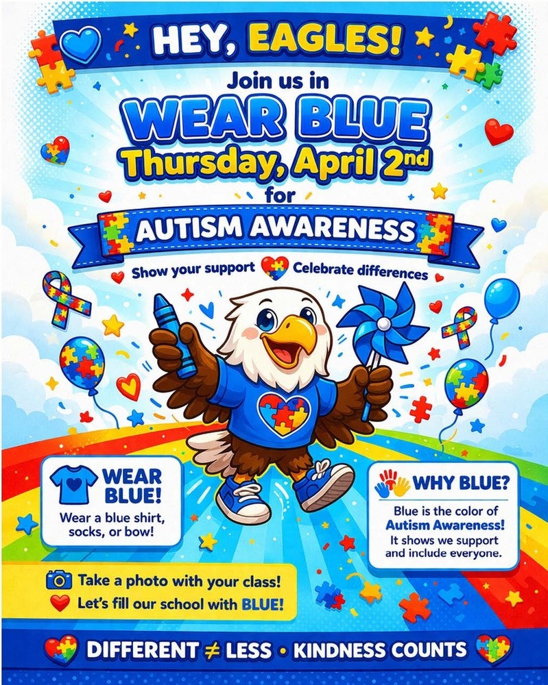 A flyer for autism awareness at Elm Grove Elementary informing kids to wear a blue on April 2nd.