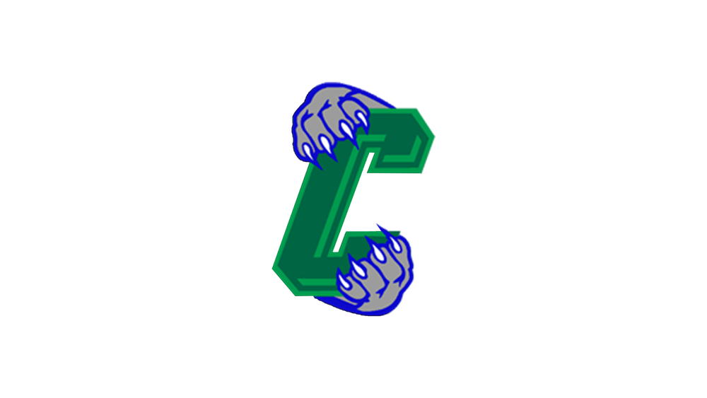 Chapa Middle School logo of a green letter C with blue and grey cougar paws wrapped around it.