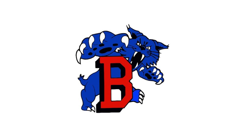 Barton Middle School logo of a blue bobcat with its paw out while standing behind a red letter "B."