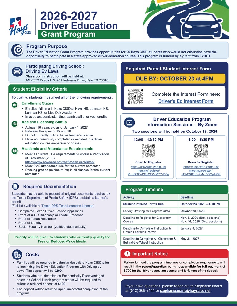 Driver Education Grant Program 2026-2027