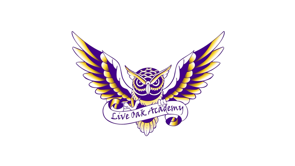 Live Oak Academy logo of a purple and yellow owl