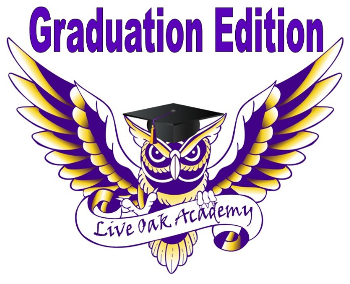 The text "Graduation Edition" above the Live Oak Academy logo of a purple, white, and yellow owl carrying a banner with the school's name.