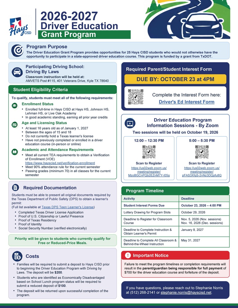 Driver Education Grant Program 2026-2027