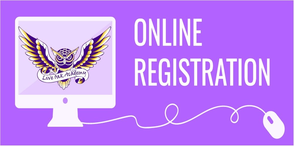 A graphic of the Live Oak Academy logo inside of a computer with the text "Online Registration" written beside it.