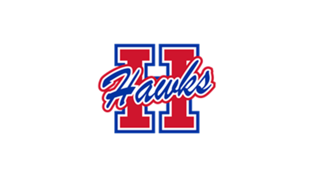Hays High School logo of a red letter "H" with a blue and white outline and the following text in front "Hawks."