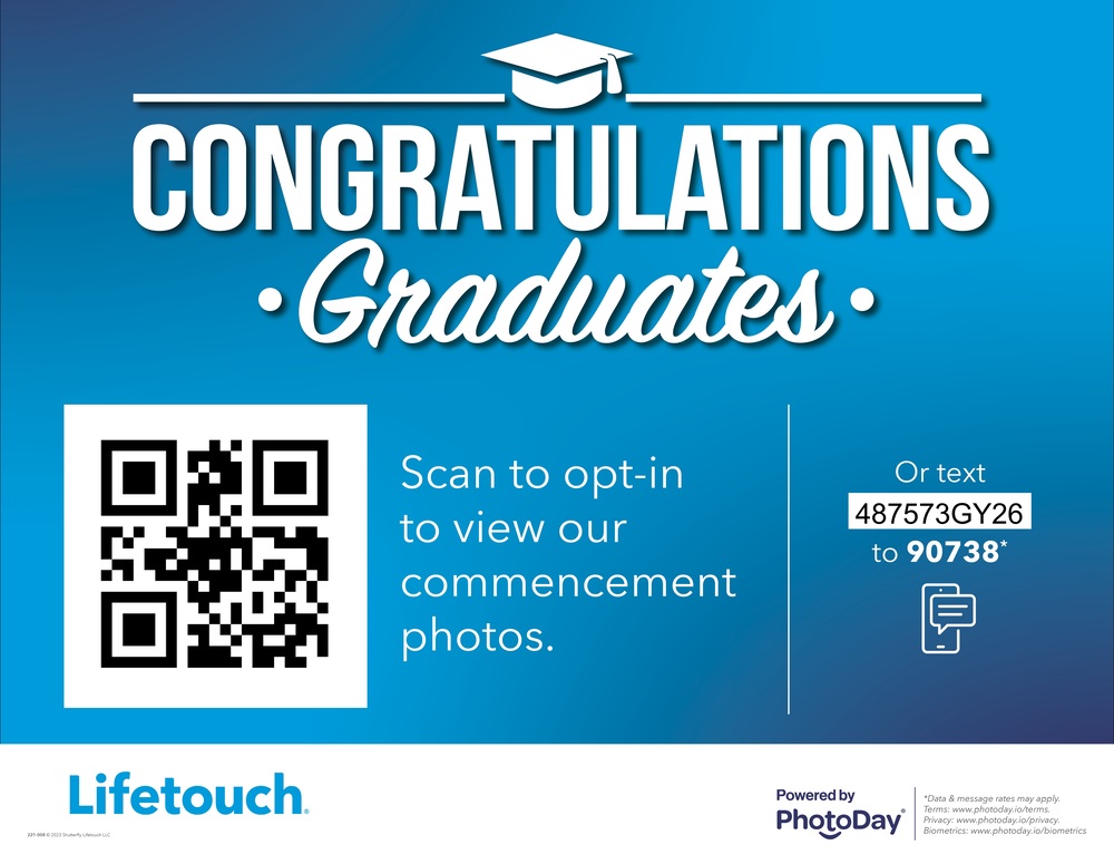 A Lifetouch graphic congratulating graduates. The graphic also includes a QR code to scan or to text "487573GY26" to 90738 to view commencement photos.