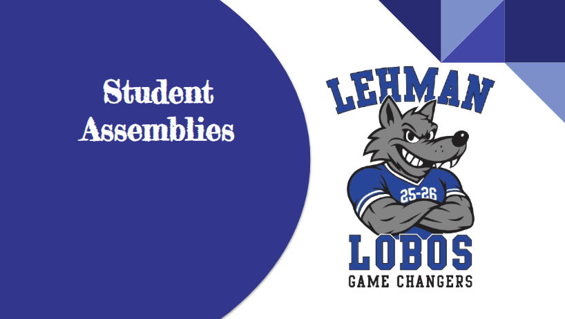 A blue and white graphic with the Lehman High School logo of a gray lobo wearing a 25-26 jersey.