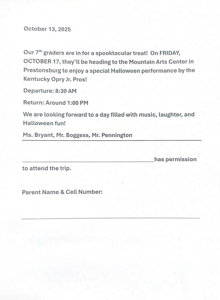 7th grade permission slip
