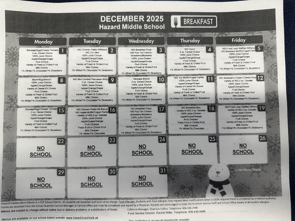 December Breakfast Menu