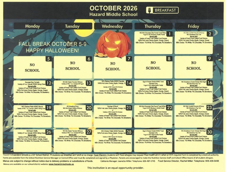 October breakfast and lunch menu