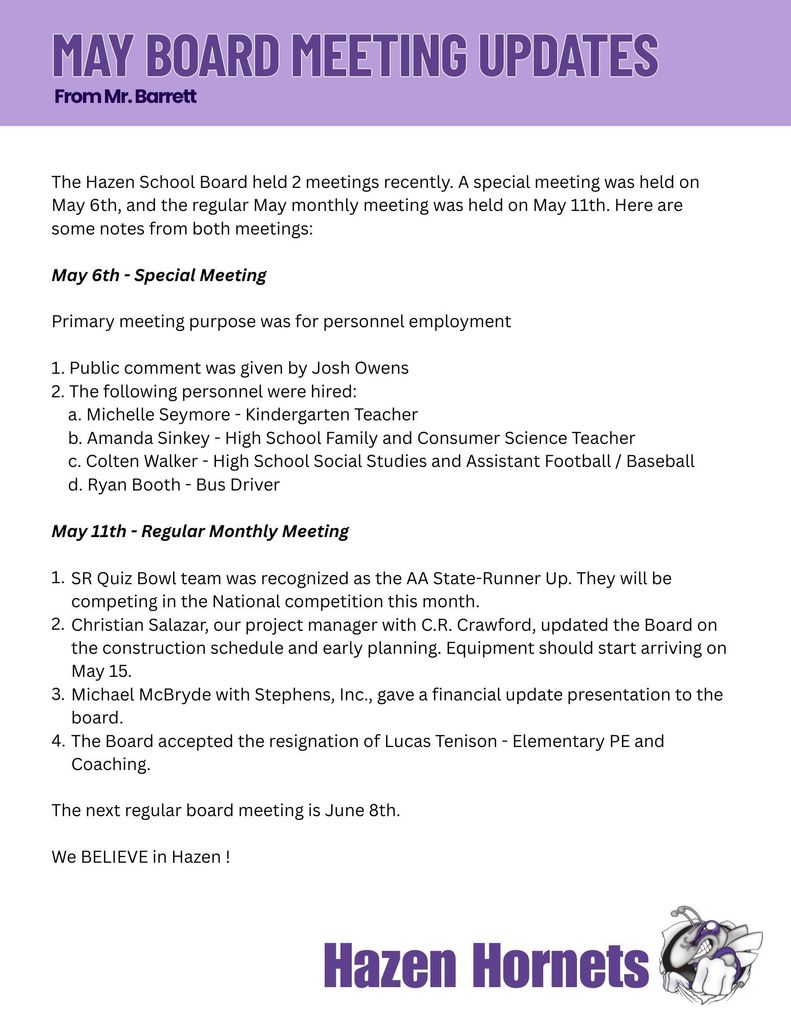 May Board Meetings Update