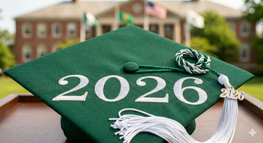 picture of a graduation cap with a building in the background with flags