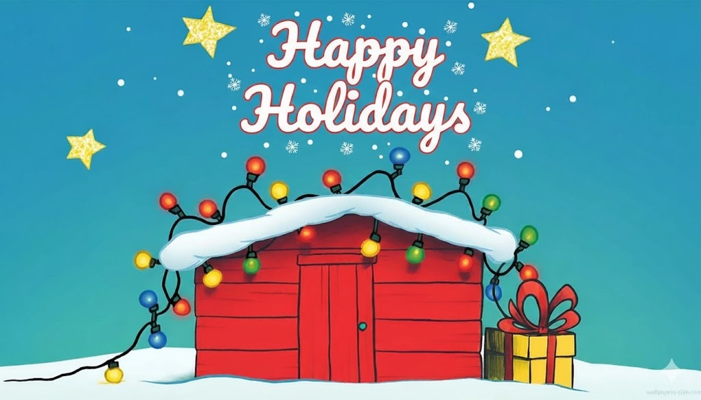 Red house with holiday lights and stars above it in the night sky