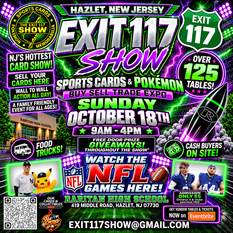 Flyer with green, black and purple lettering. There are professional athletes and pokemon pictured with a qr code.