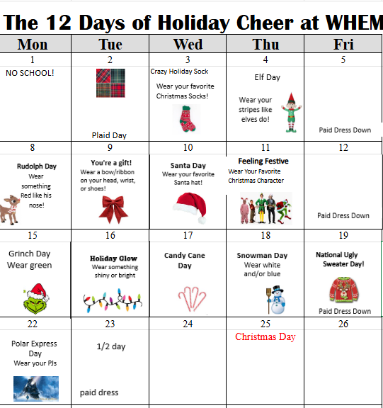 A calendar filled with dress down attire. Block 2: plaid squares. Block 3: christmas socks. Block 4: christmas elf. Block 8: Rudolph the reindeer. Block 9: christmas red bow. Block 10: red Santa hat. Block 11: festive christmas characters. Block 15: Grinch face. Block 16: christmas string lights. Block 17: candy canes. Block 18: snowman with broom. Block 19: ugly christmas sweater. Block 22: Polar express train.