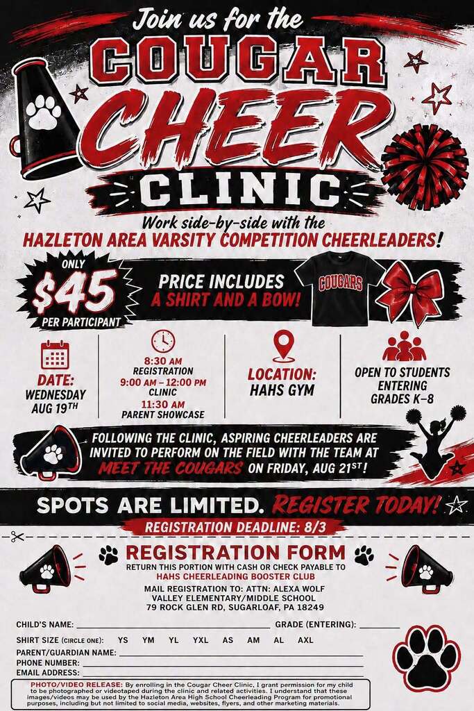 Cheerleading clinic flyer and registration