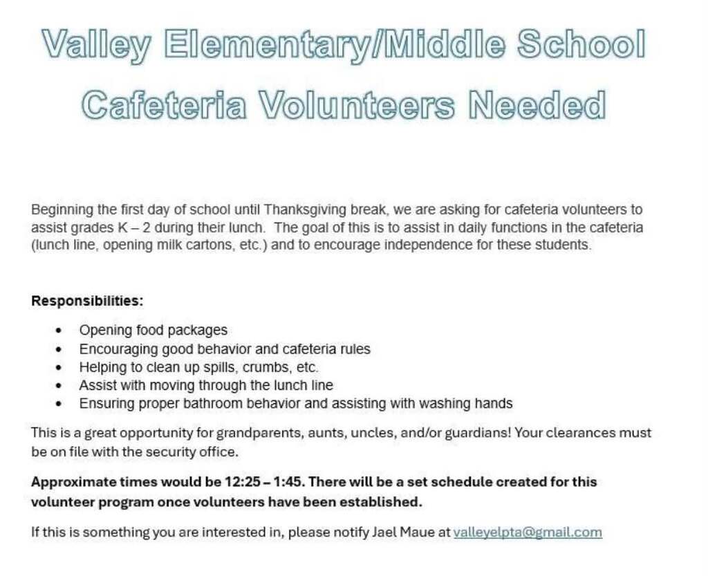 Valley cafeteria monitor information flyer